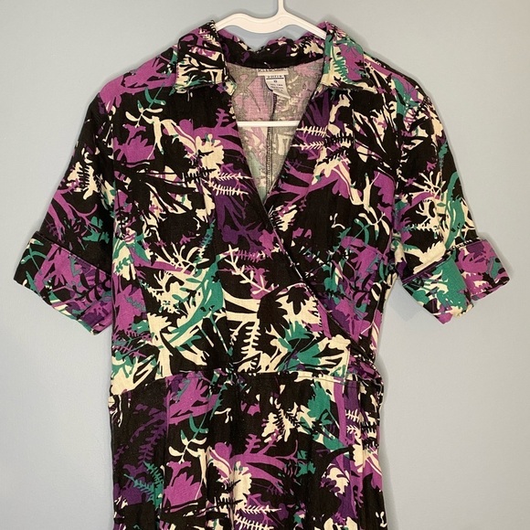 Vintage JG Hook Linen Dress Size 10 Women’s Faux Wrap Dress Belted Black Teal - Picture 4 of 5